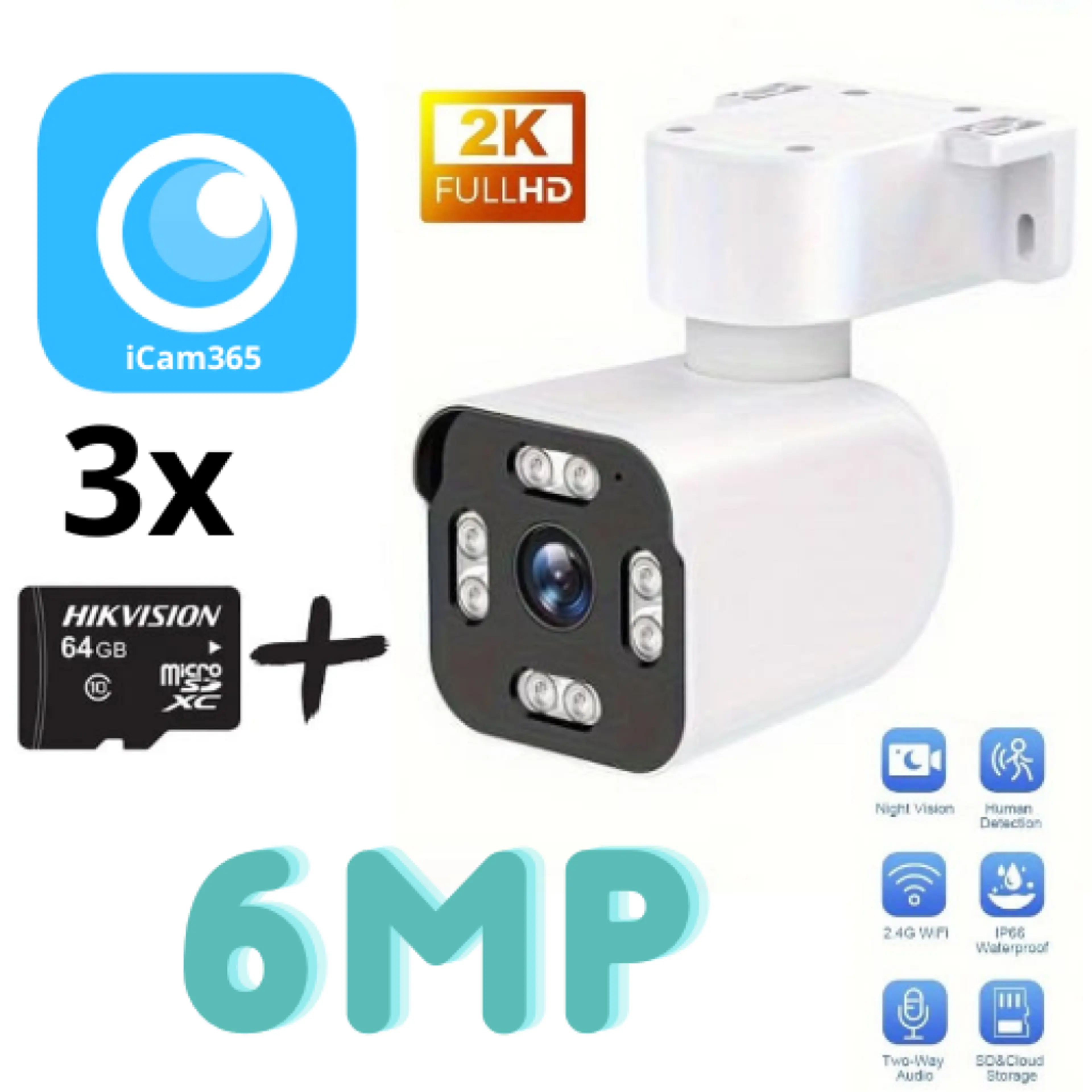 3бр. IP въртяща безжична камера външен монтаж 6MPX Ultra HD 2K iCam365 + 3бр. SD карта 64gb