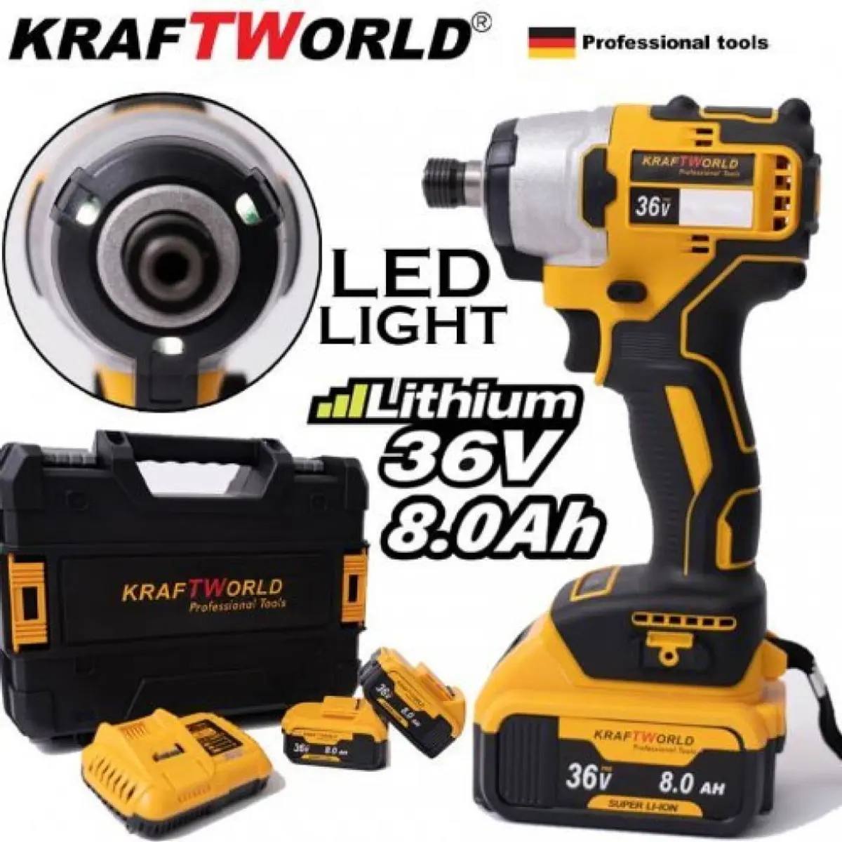Акумулаторен Безчетков Импакт / ударен винтоверт KraftWorld 36V 8Ah 850nm