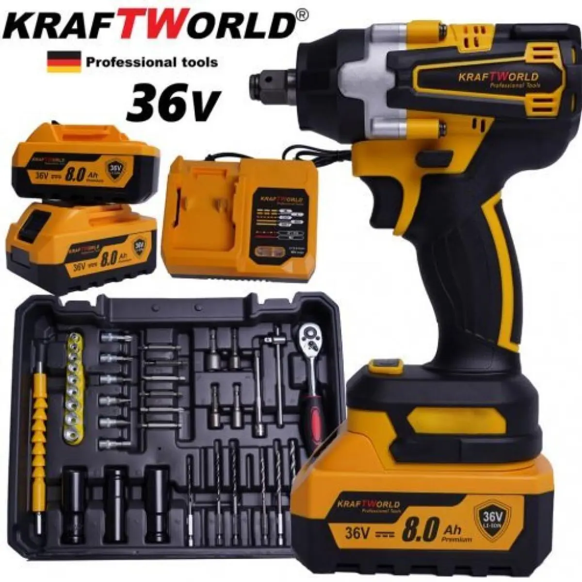 Акумулаторен Ударен Гайковерт KraftWorld безчетков 36V, 8A + 35 Части Бонус