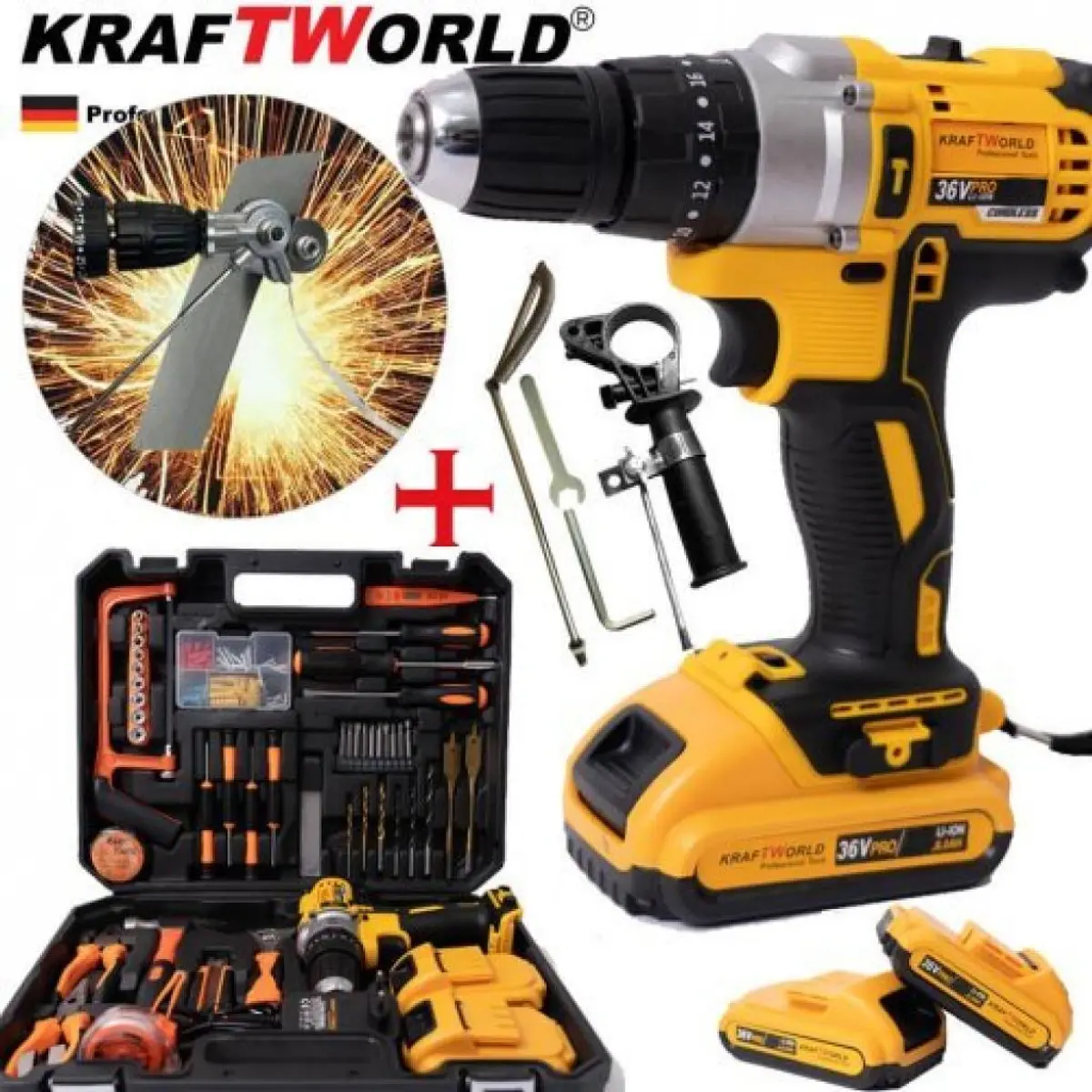 Акумулаторен Ударен Винтоверт KraftWorld + Приставка за Рязане на Метал