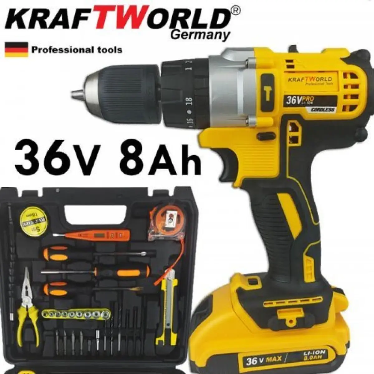 Акумулаторен Ударен Винтоверт KraftWorld с 2 Батерии 36V 8A + Инструменти в Куфар