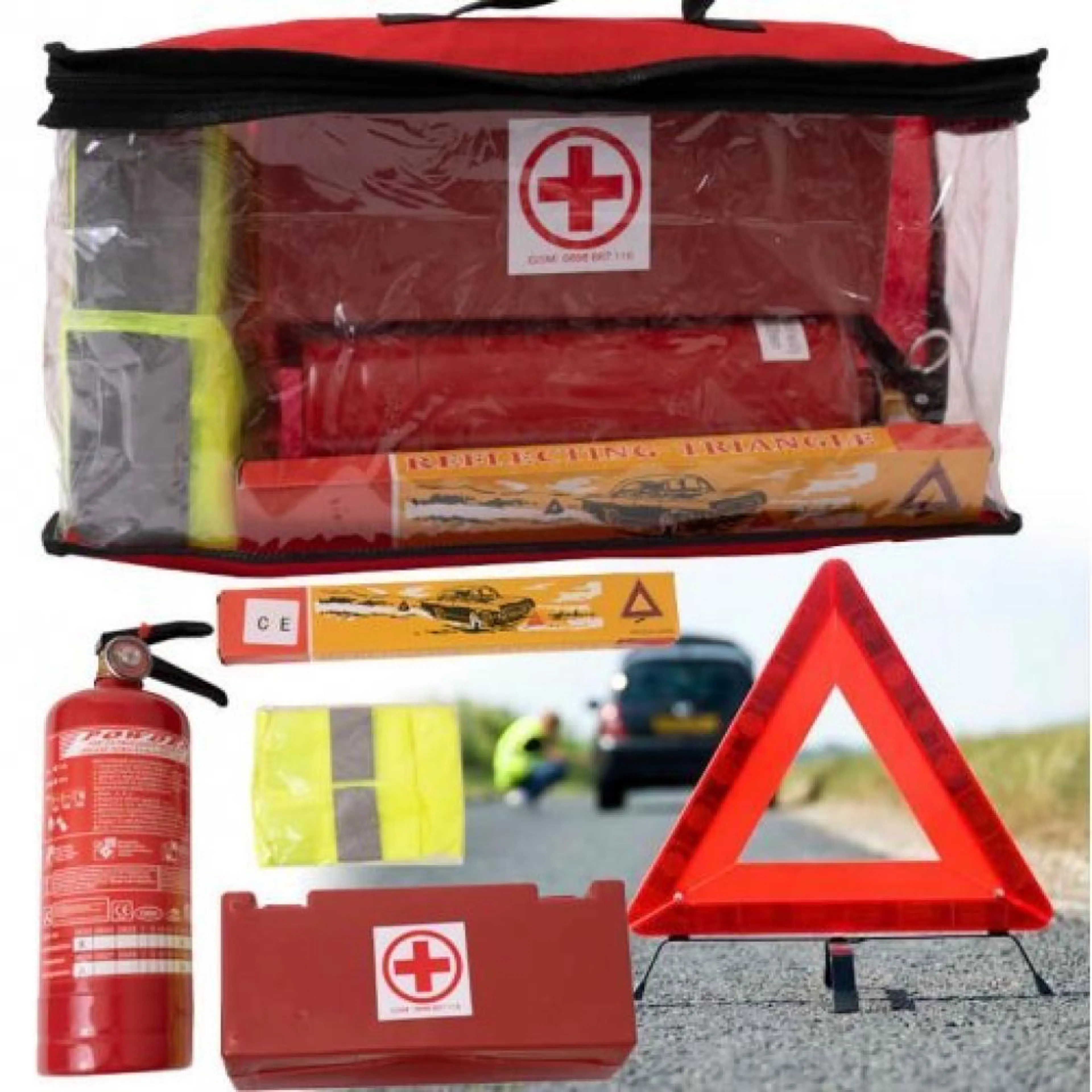 Авариен комплект за автомобил - тръгълник, аптечка, жилетка, пожарогасител
