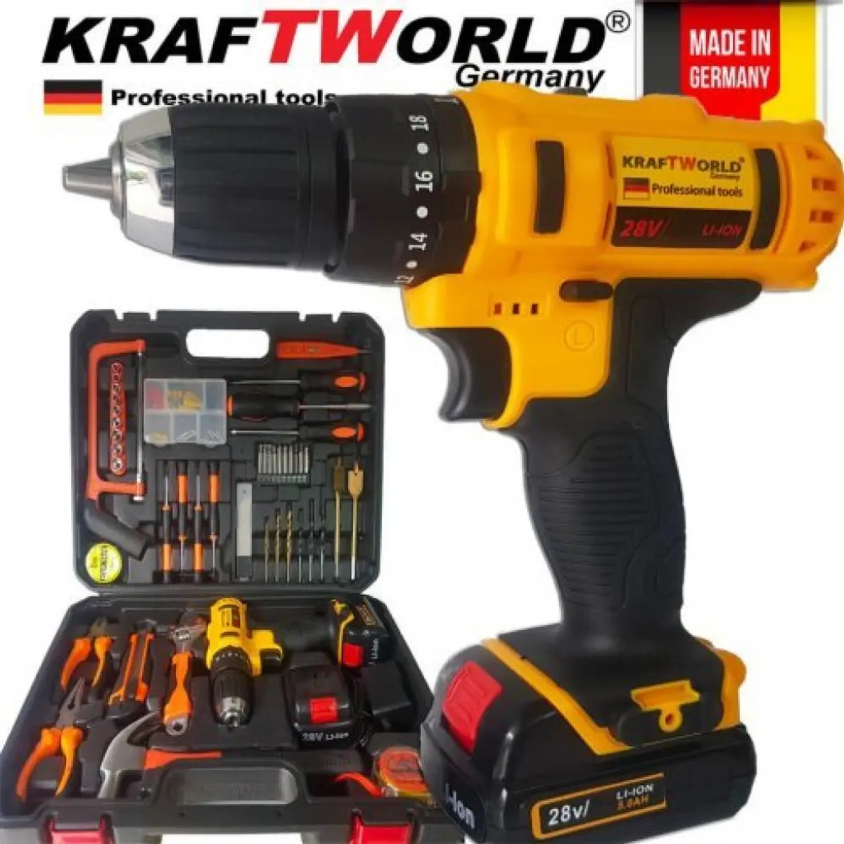 Ударен винтоверт Kraft World с инструменти / Брмашина 28V, 5.0 Ah